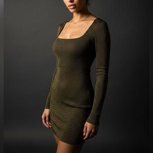 Urban Outfitters Gold Metallic Sparkle Long Sleeve Ribbed Bodycon Mini Dress